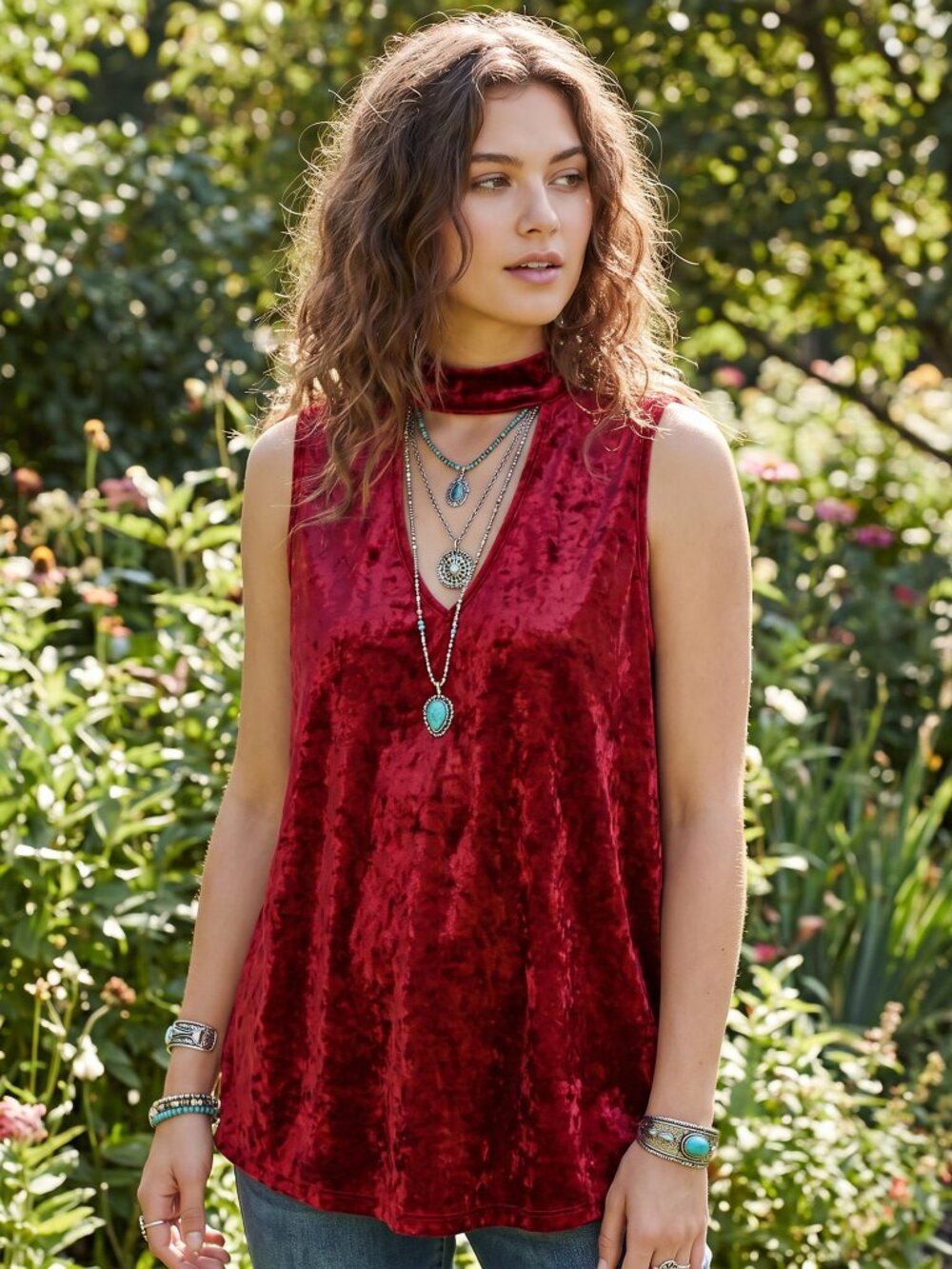 No Comment 1X Red Burgundy‎ Velvet Top Choker Sleeveless V Neck Boho Whimsigoth